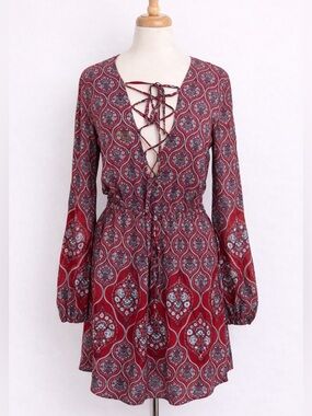 Cotton Candy LA Red Boho Lace Up Mini Dress Keyhole Back Long Sleeve Size S
